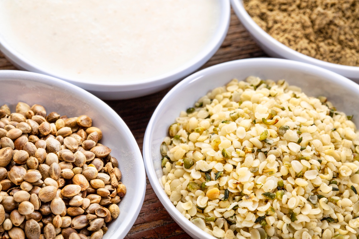 Today, hemp foods are widely available in grocery stores, from hemp hearts to hemp protein powder. Photo: Four different forms of hemp food in bowls, including hemp seeds, hemp hearts, hemp milk and hemp protein powder.