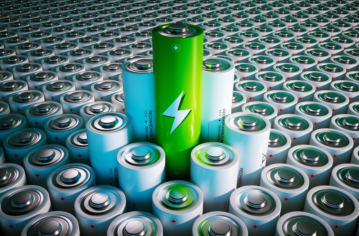 An illustration of a seemingly infinite number of batteries, with a small cluster rising above the others. A green colored battery is higher than the rest. Hemp supercapacitors offer a cheaper and more effectrive alternative to graphene-based energy storage.
