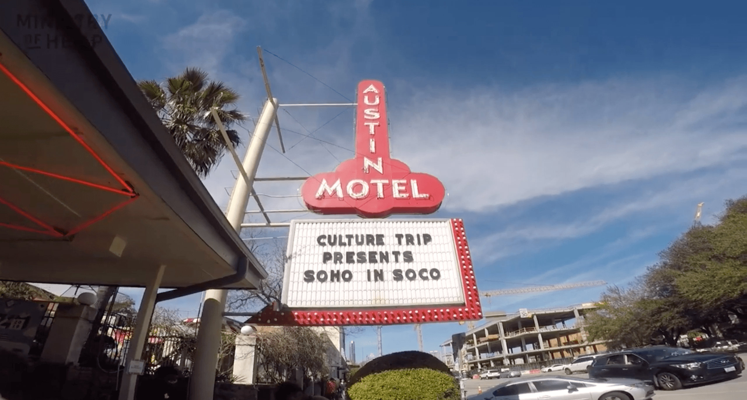 We got CBD facials from two women-owned Austin, Texas businesses at SXSW during the Culture Trip activation. Photo: The sign for Austin Motel, in Austin, Texas with a marquee advertising Culture Trip Presents SoHo in SoCo.
