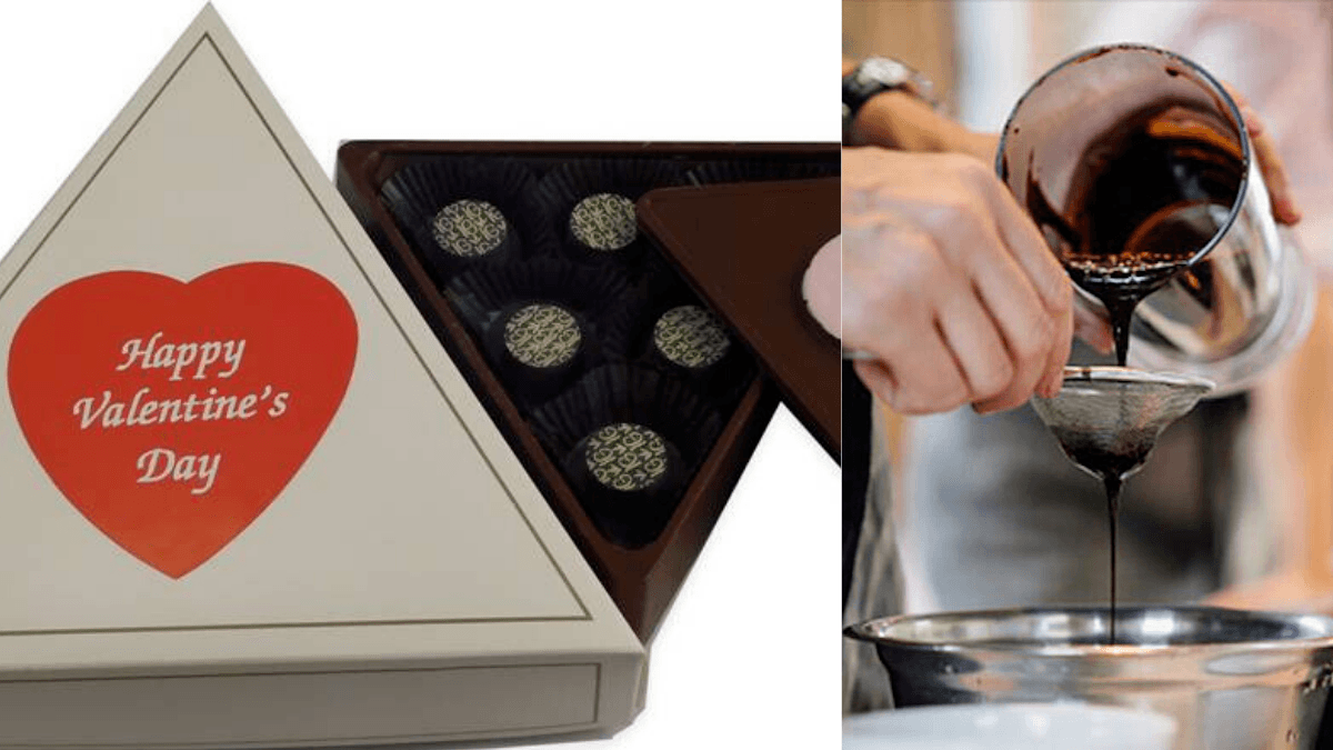 Incentive Gourmet combines quality full spectrum hemp extract with top quality chocolate to make their unique and delicious CBD chocolates. A composite image shows, on the left, Incentive Gourmet's Valentine's Day Chocolate box, full of CBD chocolates. On the right, a hand pours liquid chocolate during manufacturing.