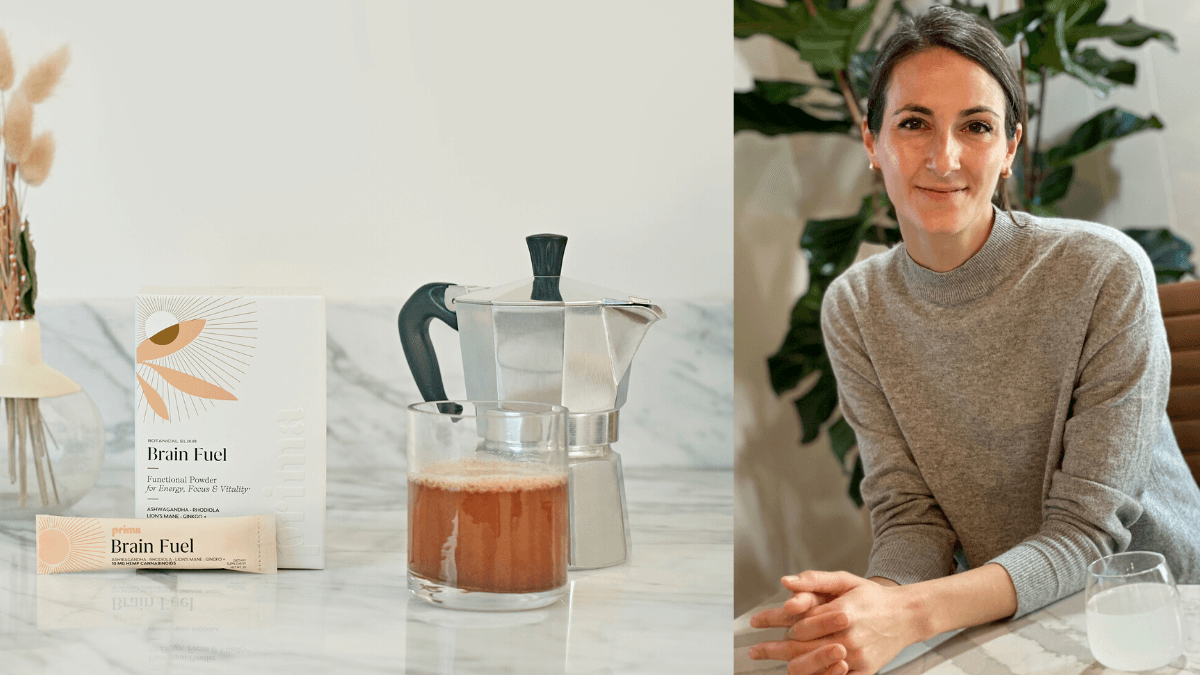 Photo: A composite photo showing a Prima powdered CBD drink mix, made in a clear tea mug using hot water from a kettle, all sitting on a kitchen counter. On the right, Prima CEO Laurel Angelica Myers poses, smiling, with folded hands.