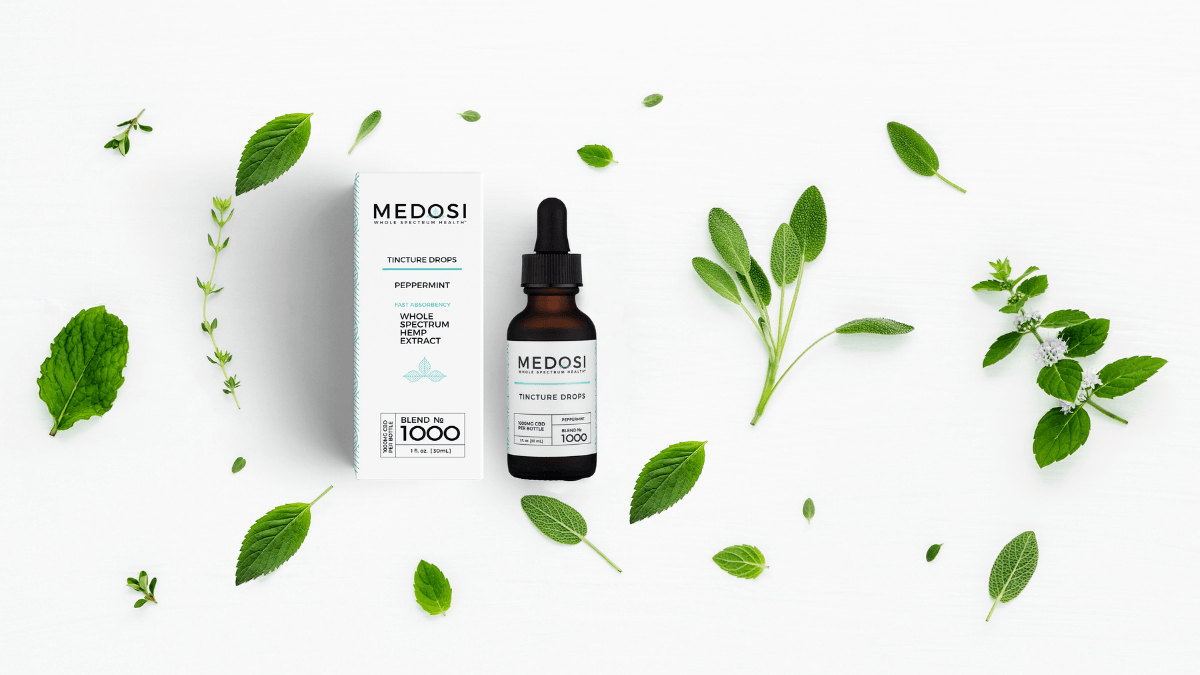 Medosi Tincture Drops bottle and box surrounded by decoratively scattered peppermint leaves.